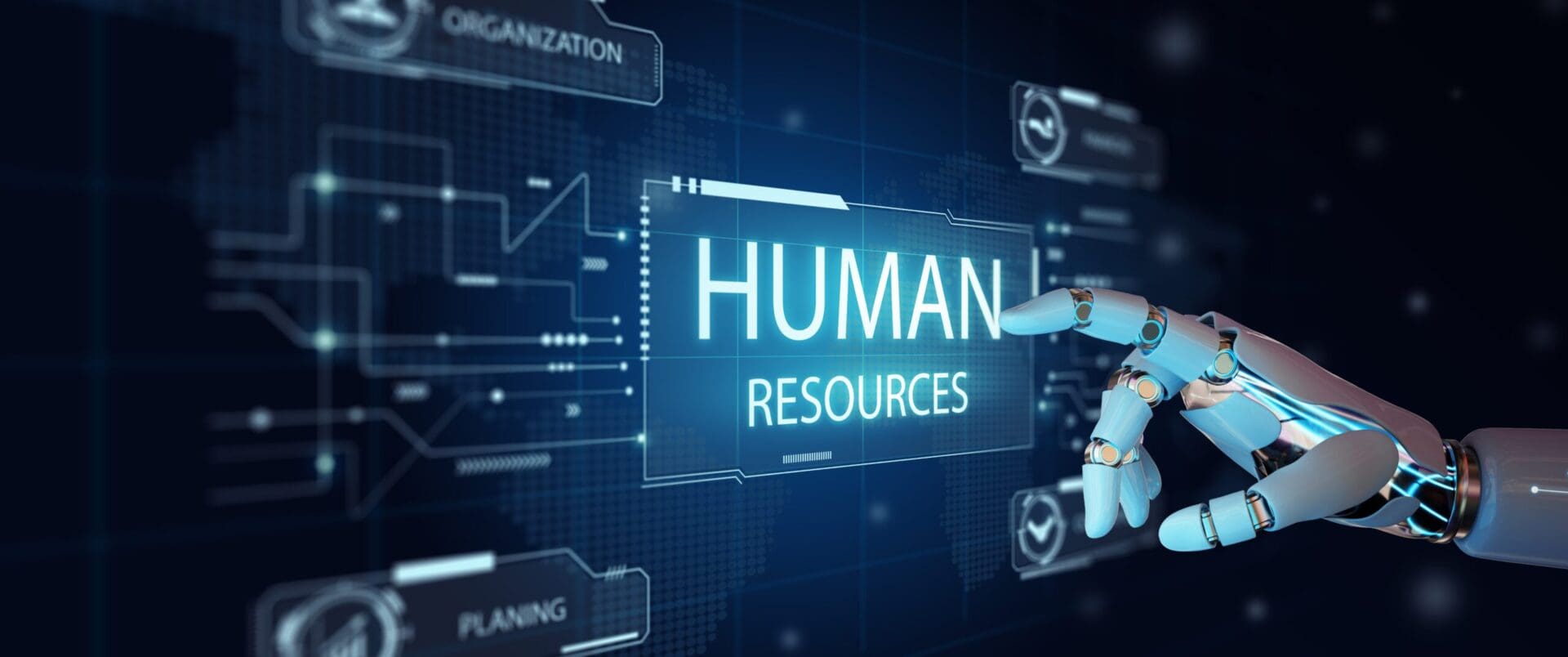 Ai,Robot,Hand,Pointing,Hr,Futuristic.,Artificial,Intelligence,With,Human Robotic hand selecting Human Resources.