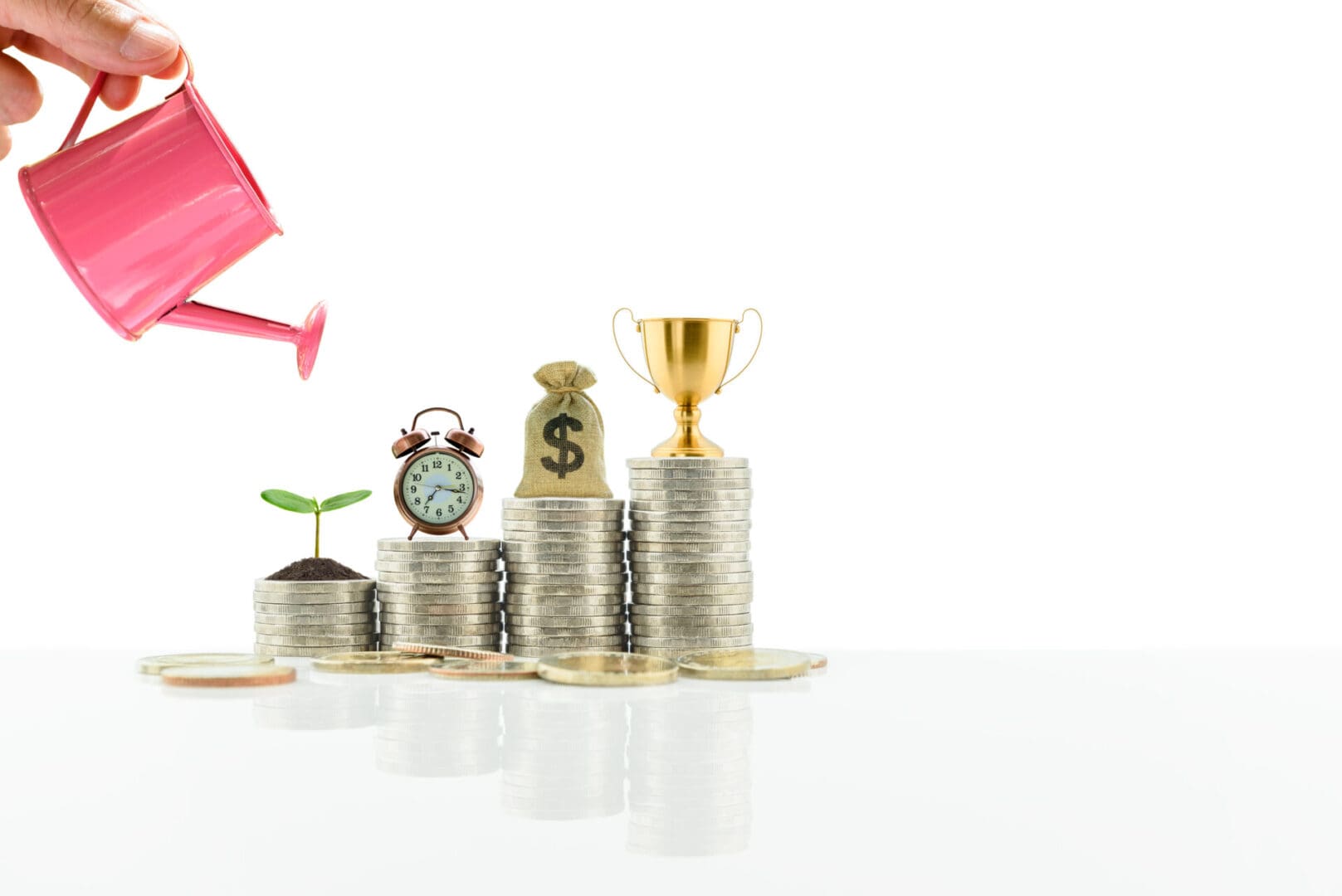 Watering plant and coins growing into a trophy symbolizing financial growth.